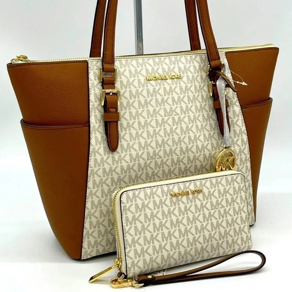 Michael Kors LG Charlotte Tote Bag & Large MF Flat Phone Case Wallet Vanilla - Picture 1 of 13